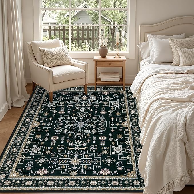 5x7 Area Rugs Living Room: Washable Vintage Rug for Bedroom Black | Boho No Slip Stain Resistant Rug Soft Indoor Decor Floor Floral 5x7 Area Rugs for Dining Room, Nursery, Hallway, Home Office
