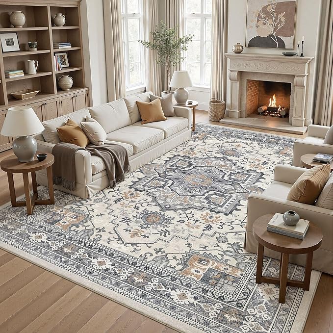 UERMEI 9x12 Area Rug Living Room Rugs - Washable Vintage Soft Large Rug Indoor Floor No Slip Rug Carpet for Bedroom Farmhouse Under Dining Table Home Office Decor - Grey-Orange