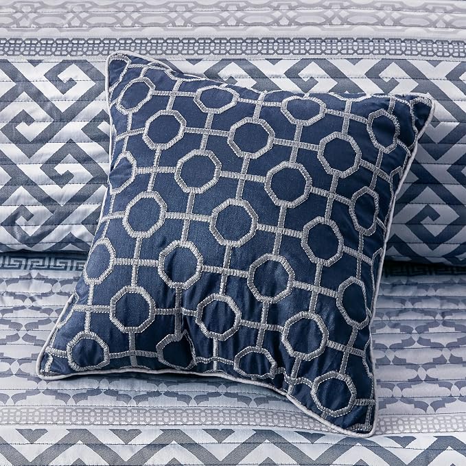Madison Park Quilt Set Luxurious Jacquard Stripes Design - All Season, Coverlet Bedspread Lightweight Bedding Layer, Shams, Decorative Pillow, King/Cal King(104"x94"), Geometric Navy 4 Piece | All Season Bedding Set, Lightweight, Geometric, Machine Was...