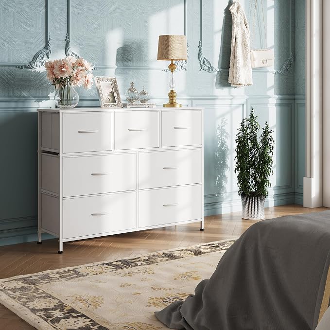 WLIVE Dresser for Bedroom, 7 Drawers, TV Stand, White | 7 roomy fabric drawers, Fits TVs up to 45 inch, Bedroom or living room, Wide storage design, Chest of drawers