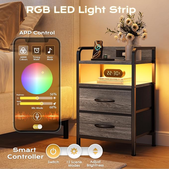 Huuger Nightstands Set of 2, Night Stand with LED Lights, Charging Station | USB-C Ports, 2 Drawers Bedside Table, Open Shelf, 2-Way Power Panel Install, End Table for Bedroom, Grey