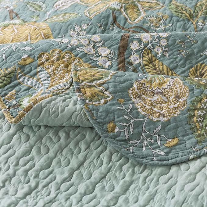 Cotton Bedspread Quilt Sets-Reversible Patchwork Coverlet Set, Green Floral Pattern, Queen Size