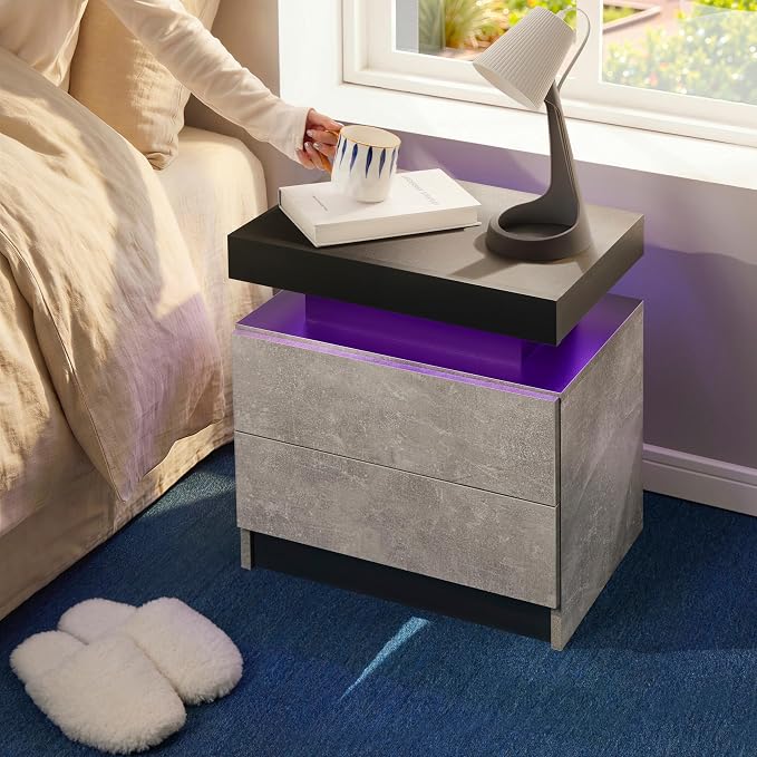i-aplus LED Nightstand with Wood 2 Drawers Modern Bedside Table for Bedroom | Nightstands with App-Controlled RGB LED Lights, Night Stand with Storgae Drawer, Modern Bedside Table for Bedroom