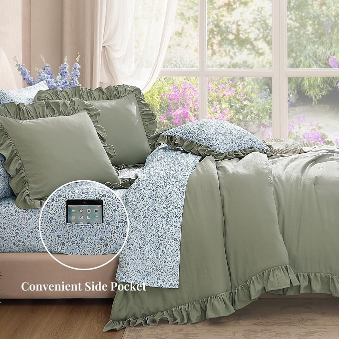 Oversized Queen Comforter Set-7 Pieces Ruffle Bedding | Sage Green Bed in a Bag, Soft All Season All Season Oversized Queen Bedding Sets with Floral Sheets, Pillowcases & Shams