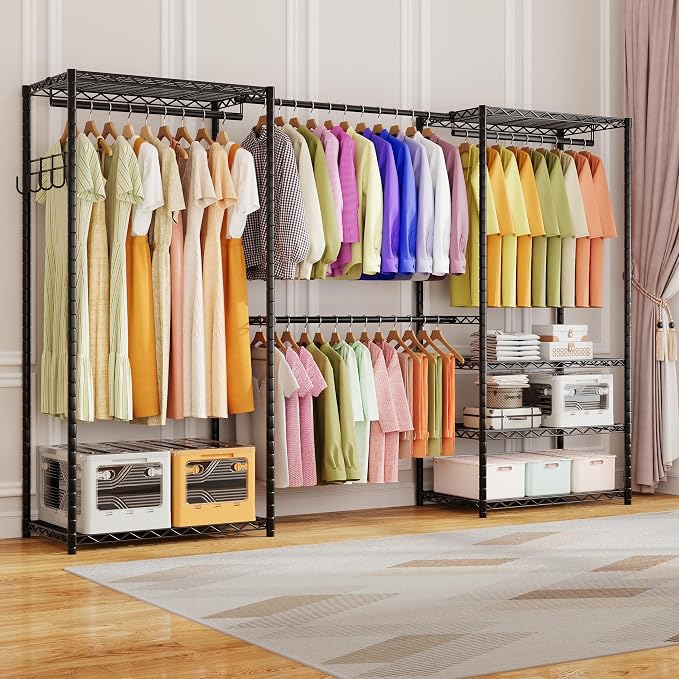 ecobedding Heavy Duty Garment Rack, 900LBS Max Load Freestanding Closet Organizer with 6 Storage Shelves & 3 Adjustable Hanging Rods, Multifunctional, Glossy Black, 15.75" D x 70-88.5" W x 76.5" H