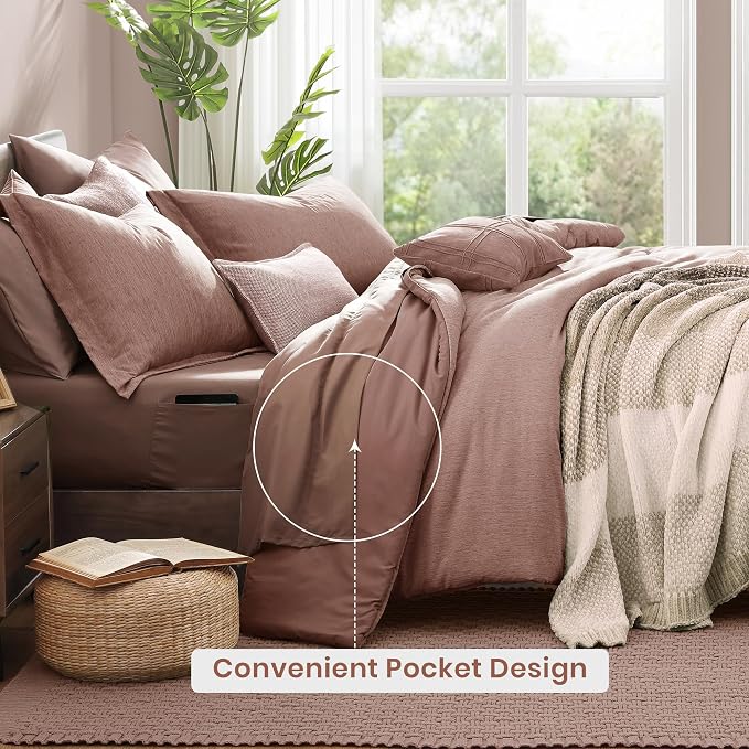 Monbix Full Comforter Set 7 Pieces Dusty Pink Cationic Dyeing Bed in a Bag | Lightweight Reversible All Season Bedding Sets with Comforter, Sheets, Pillowcases & Shams