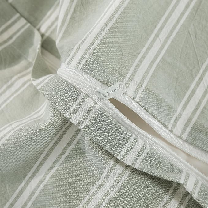 BESTOUCH Striped Cotton Duvet Cover Set Linen Feel Twin | 100% Washed Cotton, Soft Wrinkle Texture, Hidden Zipper, 8 Ties, Breathable Lightweight Durable Comfy, 2 Pcs No Insert