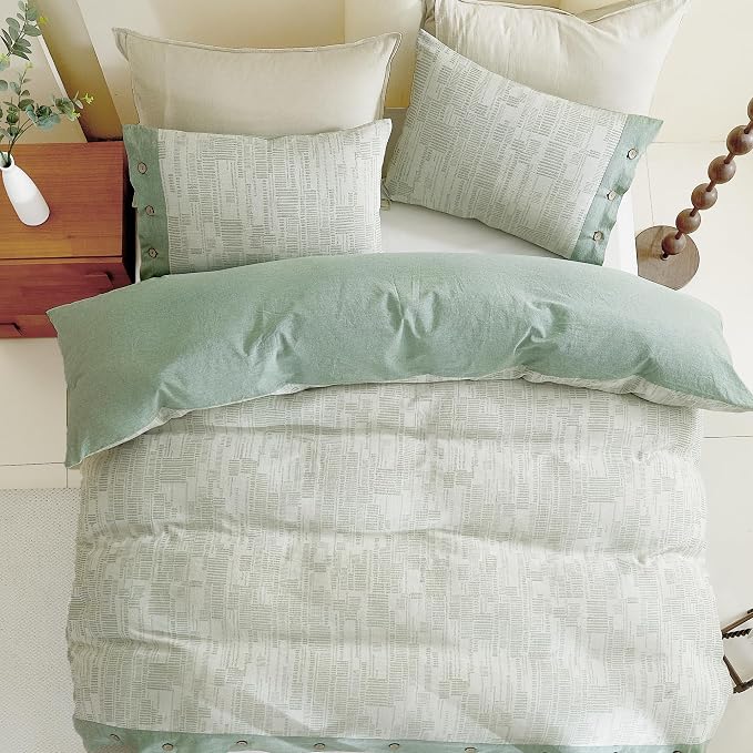 Oli Anderson 100% Egyptian Cotton Duvet Cover Twin Size, Green, 2 Pieces | Yarn Dyed Jacquard Textured Bedding Set, Striped Boho Design, Pre-Washed, Button Closure, Soft Breathable, All Season Comfort