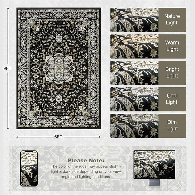 6x9 Area Rugs Living Room: Washable Rug for Bedroom Black Gold | Boho No Slip Stain Resistant Rug Soft Indoor Decor Floor Floral 6x9 Area Rugs for Dining Room, Nursery, Hallway, Home Office