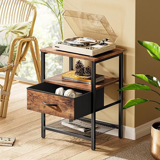 Huuger Nightstand Set of 2, Night Stand with Fabric Drawer, Mesh Shelf | Side Table with Storage, Fabric Drawer Dresser, Open Shelf, Metal Frame, Bedroom, Rustic Brown