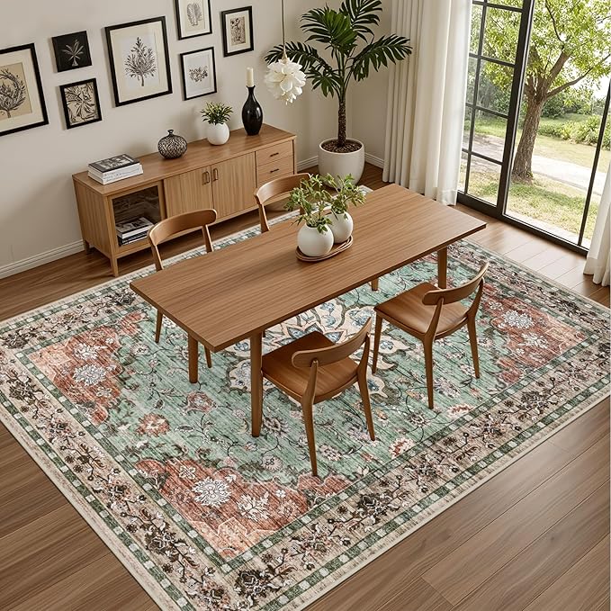 6x9 Area Rugs Living Room: Washable Rug for Bedroom Brown Green | Boho No Slip Stain Resistant Rug Soft Indoor Decor Floor Floral 6x9 Area Rugs for Dining Room, Nursery, Hallway, Home Office