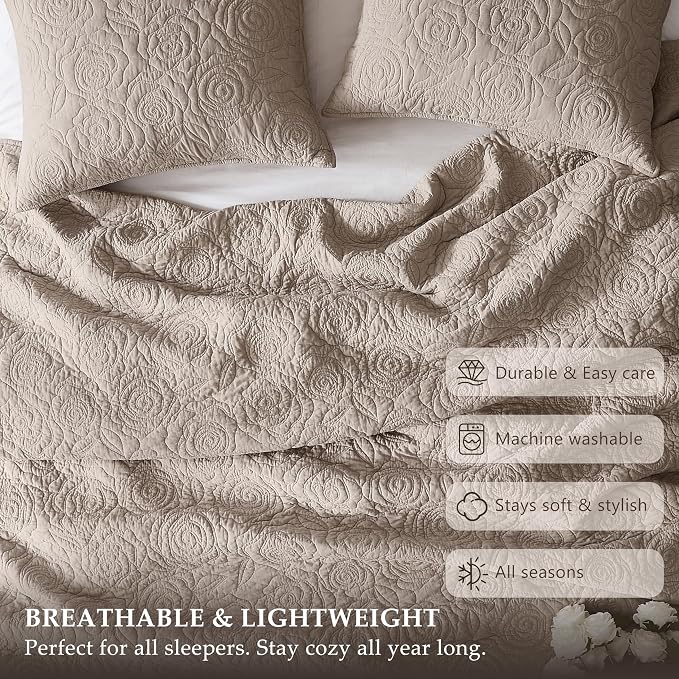 WDCOZY Dark Beige 100% Cotton Quilt Queen Size Bedding Sets with 2 Pillow Shams, Floral Rosette Lightweight Bedspread Soft Farmhouse Patterned Coverlet Quilted Comforter Bed Cover All Season, 3 Pieces
