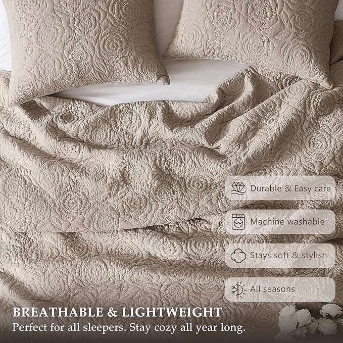 WDCOZY Dark Beige 100% Cotton Quilt Twin Size Bedding Sets with 1 Pillow Shams, Floral Rosette Lightweight Bedspread Soft Farmhouse Patterned Coverlet Quilted Comforter Bed Cover All Season, 2 Pieces