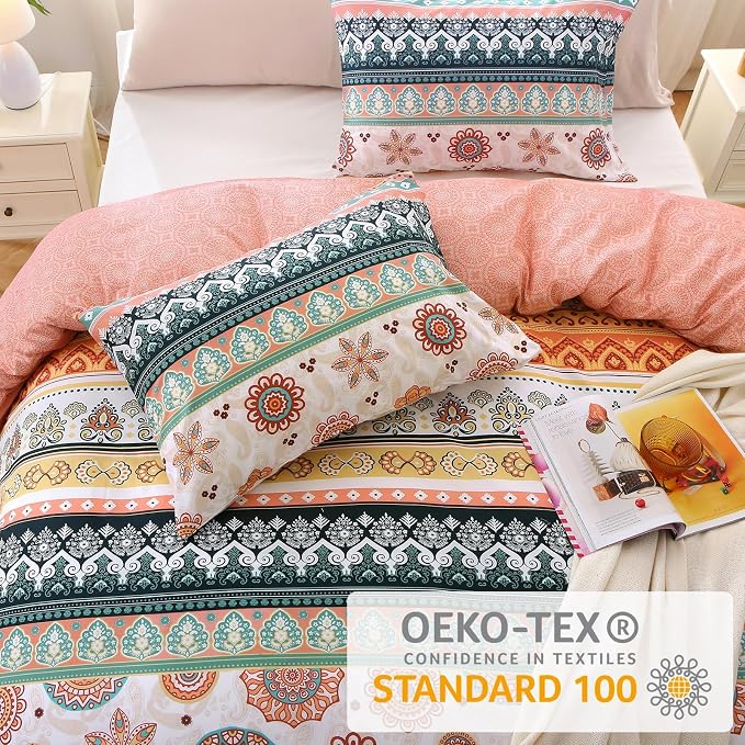 MUXHOMO Duvet Cover King Size, Reversible Floral Boho Flower Duvet Cover Set with Zipper Closure, 3 Pieces Botanical Patterns Soft Microfiber Bedding Set with 4 Ties (104"x90", 2 Pillow Cases)