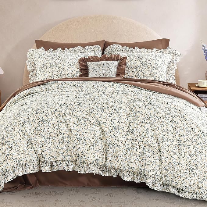 Twin XL Comforter Set-5 Pieces Floral Ruffle Bedding Set | Beige Ditzy Bed in a Bag, Soft Lightweight All Season Farmhouse Twin XL Bedding Set with Sheets, Pillowcases & Shams