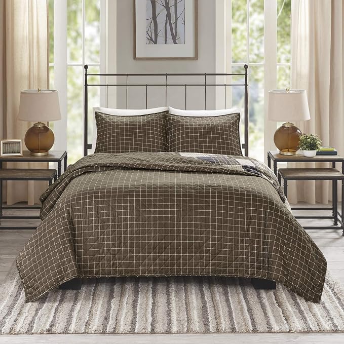 Madison Park Reversible Quilt Cabin Lifestyle Plaid Design - All Season, Breathable Coverlet Bedspread Bedding Set, Matching Shams, Timber Black/Brown King/Cal King(104"x94") 3 Piece | Diamond Quilted, Reversible Coverlet Set, Plush Cotton Filled, Ligh...