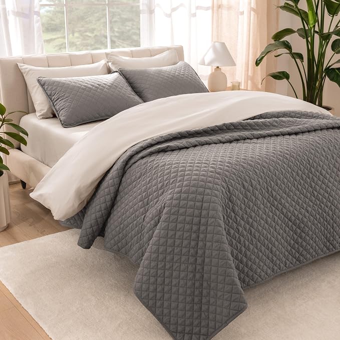 Bare Home Coverlet Set - Full/Queen - Lightweight Bed Decor - Comforter Alternative - All-Season Quilted Bedspread (Full/Queen, Grey)