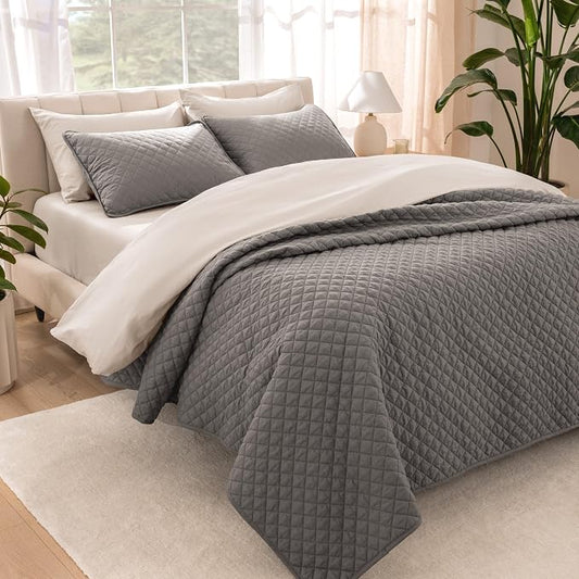 Bare Home Coverlet Set - Full/Queen - Lightweight Bed Decor - Comforter Alternative - All-Season Quilted Bedspread (Full/Queen, Grey)