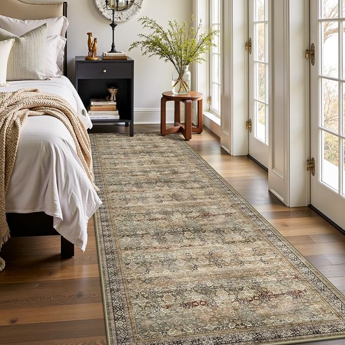 2x8 Hallway Runner Rug, Washable Vintage Retro Long Runner Rugs for Kitchen Laundry, Soft Ultra Thin Non Slip Low Pile Traditional Distressed Boho Carpet for Bedroom Bathroom, Charcoal Olive