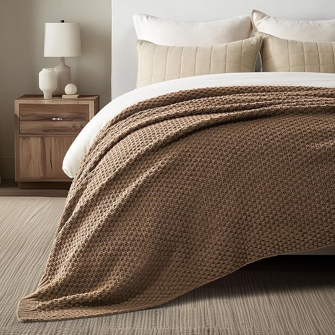 EVERGRACEHOME Chunky Chenille Knit Throw Blanket, 108x92, Camel Brown | Sculpted Moss Stitch, Chic Modern Farmhouse, All-Season Warmth, OEKO-TEX® Certified, Oversized King for Couch, Bed, Sofa