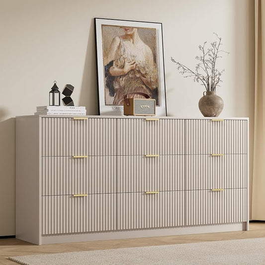 Furniway 9 Drawer Dresser for Bedroom, 63" Wide Dresser with Gold Handles, Modern Wood Chest of Drawers Storage Cabinet, Fluted Long Dresser for Bedroom, Living Room, Hallway, Beige
