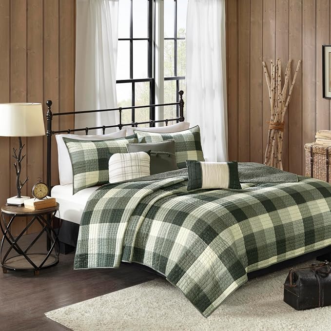 Madison Park Cabin Lifestyle Plaid Quilt Set, 6PC King/Cal King Coverlet | All Season, Luxurious Coverlet Bedspread Lightweight Bedding Layer, Shams, Decorative Pillow, Grey