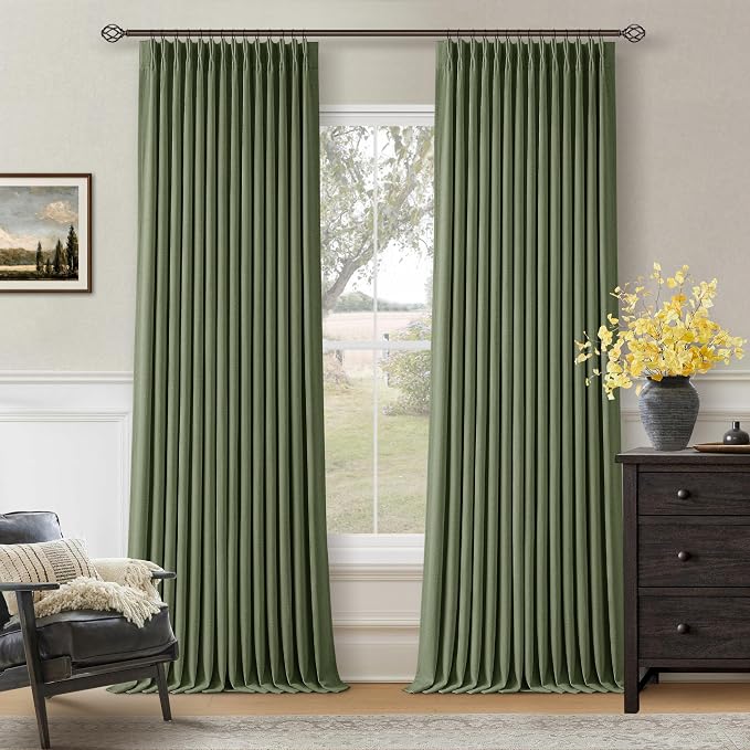 108 Inch Olive Green Linen Pinch Pleated Blackout Curtains Dual Layer | 100% Black Out, Pinch Pleat with Hooks Rings, Thick Linen Textured, Memory Trained, Bedroom Living Room Window Curtains