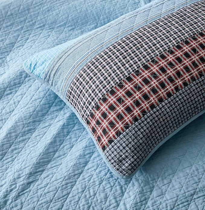 Chezmoi Collection Lincoln 3-Piece Pre-Washed Cotton Patchwork Quilt Set King - Solid Plaid Multi Striped Coverlet Set - Lightweight Reversible Bedspread Bedding Set King Size
