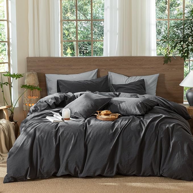 MooMee Wavy Striped Duvet Cover Set 100% Washed Cotton Linen Like Textured Breathable Durable Soft Comfy (Charocal Grey, Palatial King/Oversized King 120"x98")