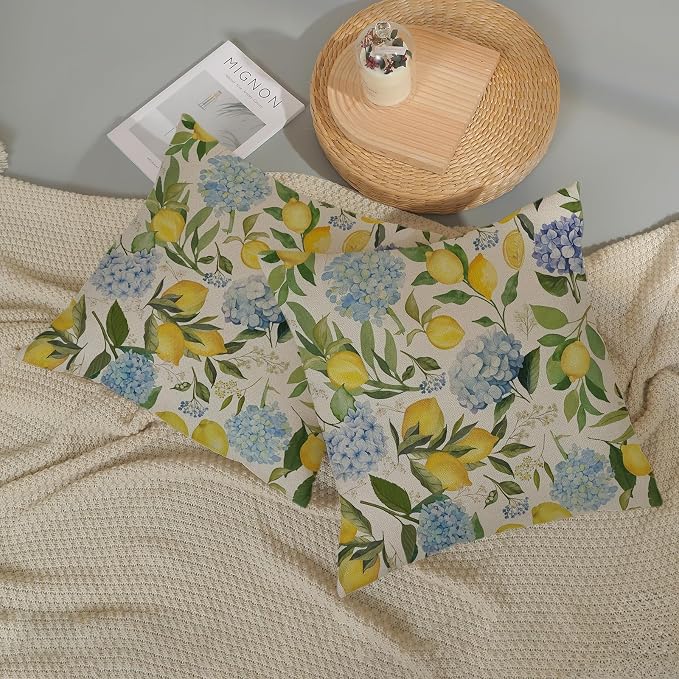 Blue Yellow Pillow Covers 18x18 Inch 2 Pcs Blue Hydrangea Floral Decor Throw Pillows Vintage Lemon Flower Seasonal Summer Outdoor Decoration Pillowcase Linen Cushion Cover for Couch Sofa