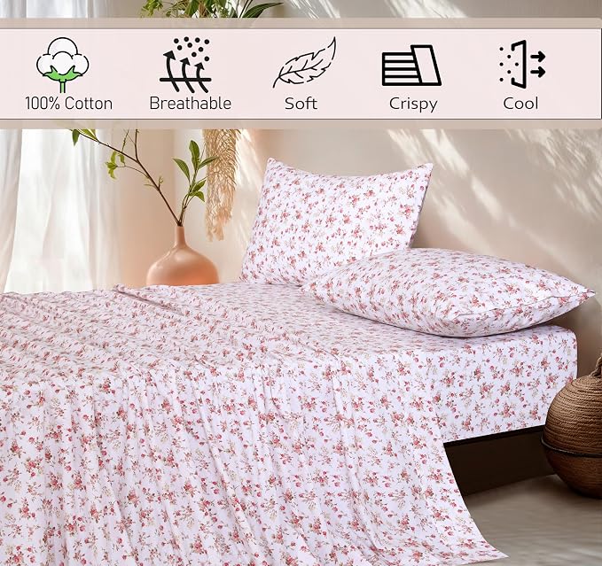RUVANTI 100% Cotton Percale Sheets King Size, Bouquet | Crisp Cooling, Deep Pocket 16", Soft Breathable & Durable, Hotel-Style, 4 Piece Set