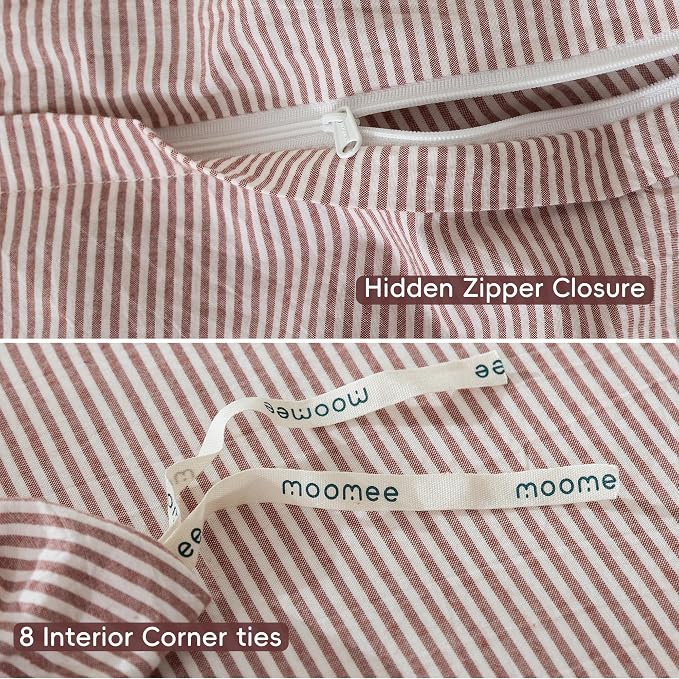 MooMee Striped Duvet Cover Set 100% Washed Cotton Linen Like Queen | Relaxed Linen-like Texture. Soft, Breathable & Long-lasting Comfort. Lightweight. Hidden Zipper with 8 Interior Corner Ties