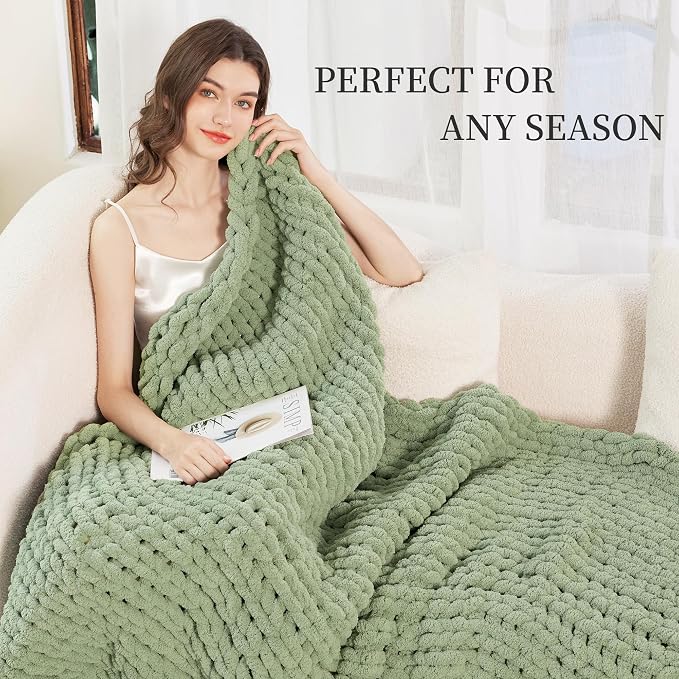 Chunky Knit Blanket Throw for Couch, 60"x80" Chunky Yarn Knitted Blankets | 100% Hand Knit Thick Chenille, Soft Breathable for Bed, Sofa, Home Decor, Cozy Gifts for Women Friends, Sage Green