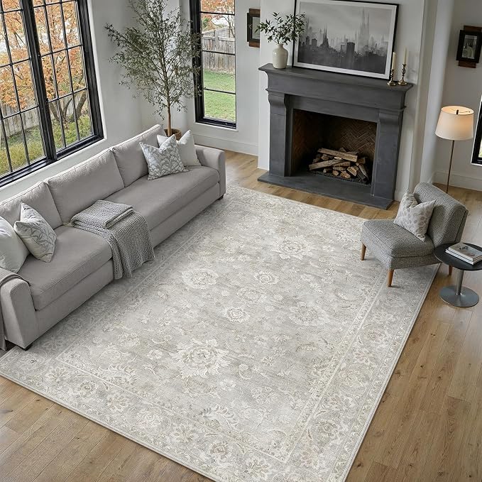 9x12 Grey Neutral Area Rug | Washable, Vintage, Soft, Non Slip, Low Pile, Distressed, Carpet for Living Room Bedroom Dining Room Nursery Home Decor