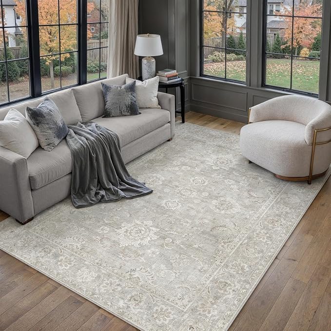 6x9 Grey Neutral Area Rug | Washable, Vintage, Soft, Non Slip, Low Pile, Distressed, Carpet for Living Room Bedroom Dining Room Nursery Home Decor