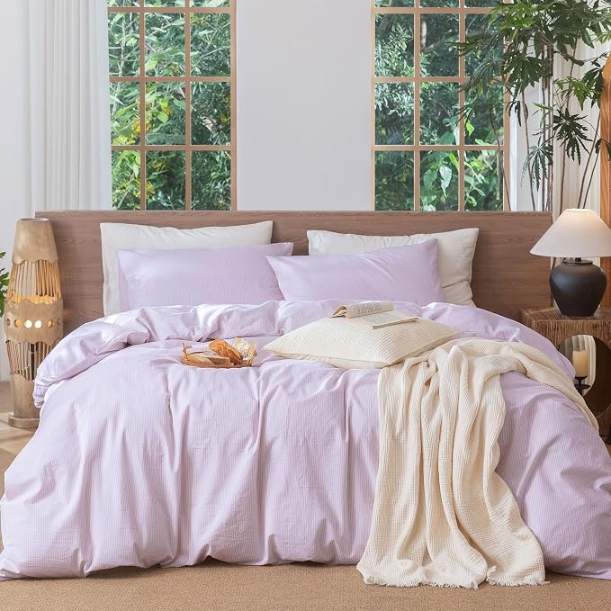 MooMee Striped Duvet Cover Set 100% Washed Cotton Linen Like Queen | Relaxed Linen-like Texture. Soft, Breathable & Long-lasting Comfort. Lightweight. Hidden Zipper with 8 Interior Corner Ties