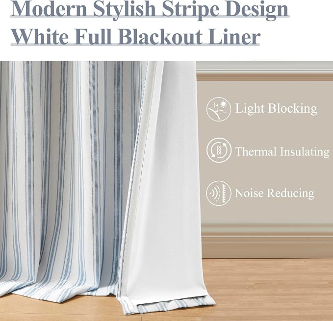 ZJDECOR 90 Inch Blue Striped Full Blackout Curtain Panels for Bedroom | Stripes on White Cotton Blend Light Filtering Fabric with White Liner,Back Tab Rod Pocket Window Treatment,55"Wx90"Lx2
