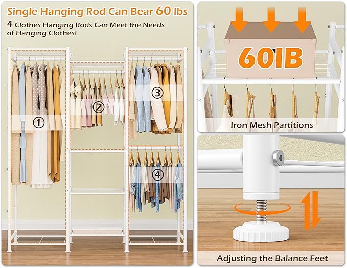 HOMIDEC Wardrobe Closet, 4 Hanging Spaces Portable Clothes Rack | Free Standing Closet Organizer and Storage System with Hanging Rods,Clothing Rack Suitable for Cloakroom,Bedroom,etc.White