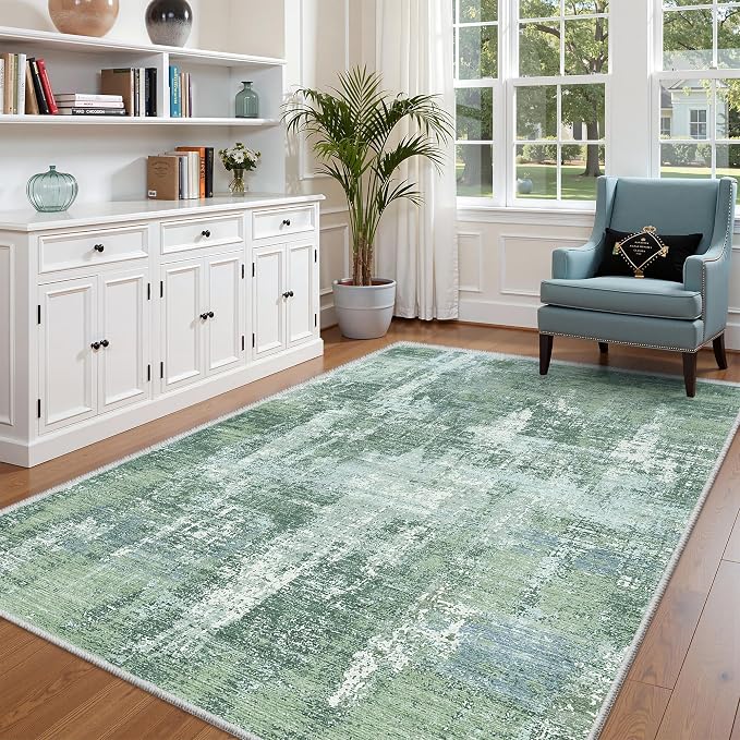 5x8 Area Rug, Abstract Washable Rugs for Living Room, Sage Green | Soft Thin & Lighweight, Folable, Stain Resistant Low Pile Non Slip Modern Distressed Carpet Rugs for Bedroom, Dining Room