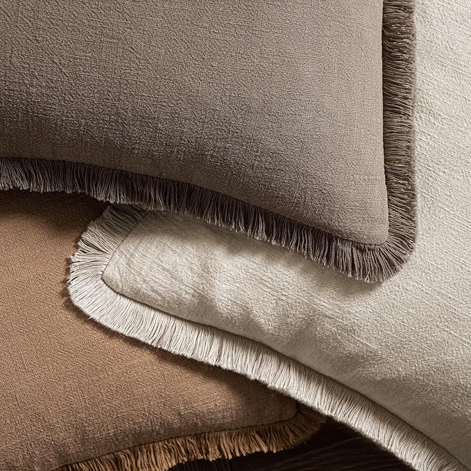 MIULEE Linen Fringe Decorative Fall Euro Throw Pillow Covers Coffee 22x22 | Set of 2, Cottagecore Decor, Boho Farmhouse Neutral Pillow Covers, Rustic Fall Couch Cushion Cases for Sofa Bed Living Room