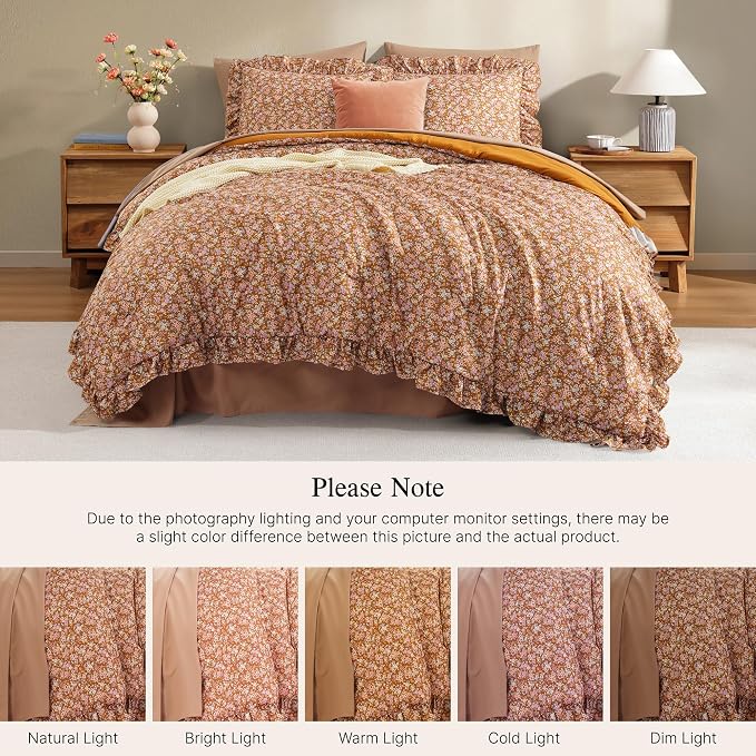 King Size Comforter Set-7 Pieces Floral Ruffle Bedding Set | Brown Ditzy Bed in a Bag, Soft Lightweight All Season Farmhouse King Size Bedding Sets with Sheets, Pillowcases & Shams