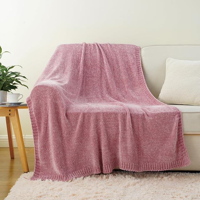 Pink Throw Blanket for Couch, Soft Chenille Throw Blanket 51"x67" | Shiny Chenille Blanket, Cozy Brethable Knit Throw Blanket for Bed Sofa Home Decor