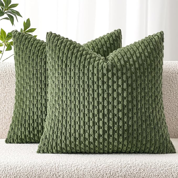 MIULEE Decorative Throw Pillow Covers 16x16 Moss Green Textured Corduroy | Pack of 2 Striped Pillow Covers Modern Farmhouse Home Decor for Couch Bed Sofa Living Room