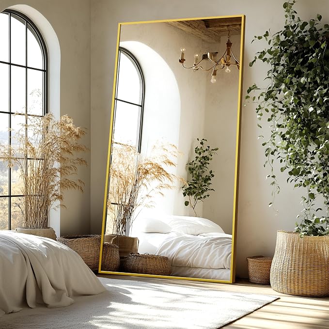 Full Length Mirror with Stand, 75x35 Gold Floor Mirror | Aluminium alloy frame with HD float glass for distortion-free reflection. Free standing or wall mounted.