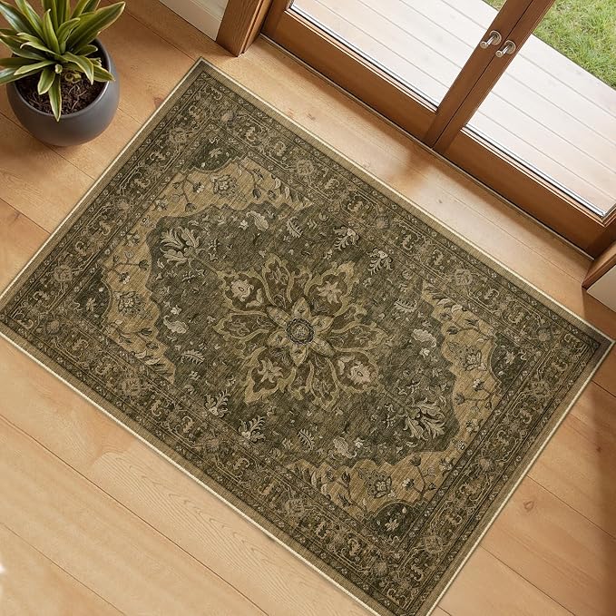 RELEANY Washable Area Rug, Small 2'x3', Brown/Dark Brown | Non-Slip, Water Repellent, Pet Friendly, Easy to Clean, Vintage Floral Boho Decor for Kitchen Entryway Bathroom