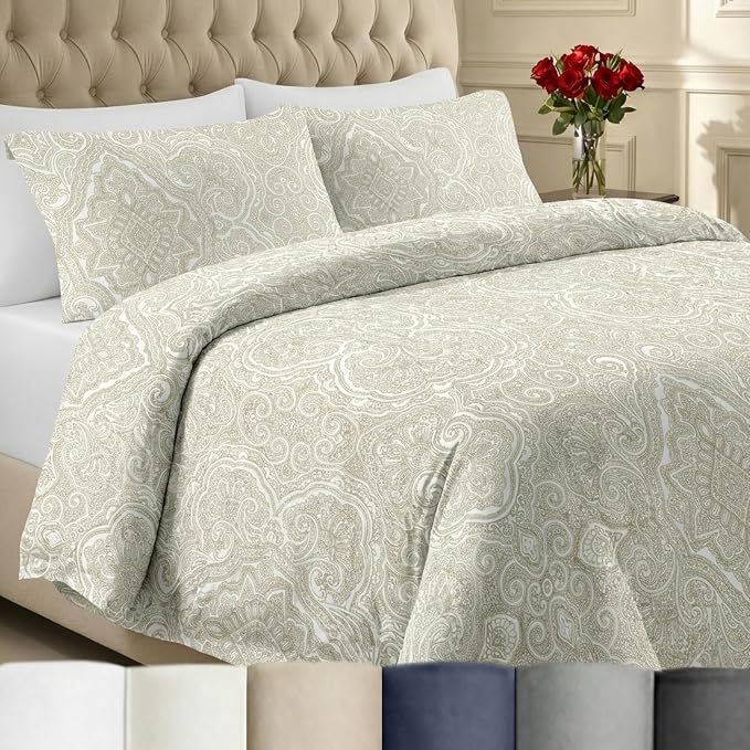 California Design Den Luxury King Size Duvet Cover Set, Paisley Beige Print | Soft 400 Thread Count 100% Cotton Sateen Backed by GH Seal, Duvet Cover & Pillow Sham 3 Pc Set, Button Closure & Corner Ties