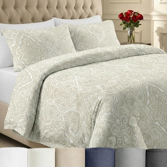California Design Den Luxury King Size Duvet Cover Set, Paisley Beige Print | Soft 400 Thread Count 100% Cotton Sateen Backed by GH Seal, Duvet Cover & Pillow Sham 3 Pc Set, Button Closure & Corner Ties