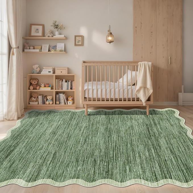 GarveeHome Scalloped Washable Area Rug 6x9 Rug for Living Room Non Slip | Modern Rug Throw Rugs Large Rugs for Bedroom Low Pile Non Shedding Stain Resistant Carpet for Dining Room 6'x9' Green