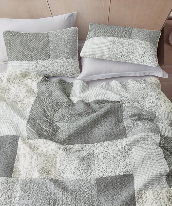 Chezmoi Collection Cooper 3-Piece Muted Gray White Ivory Floral Plaid Patchwork Quilt Set - Pre-Washed Cotton Quilted Lightweight Reversible Bedspread for All Seasons, Queen Size