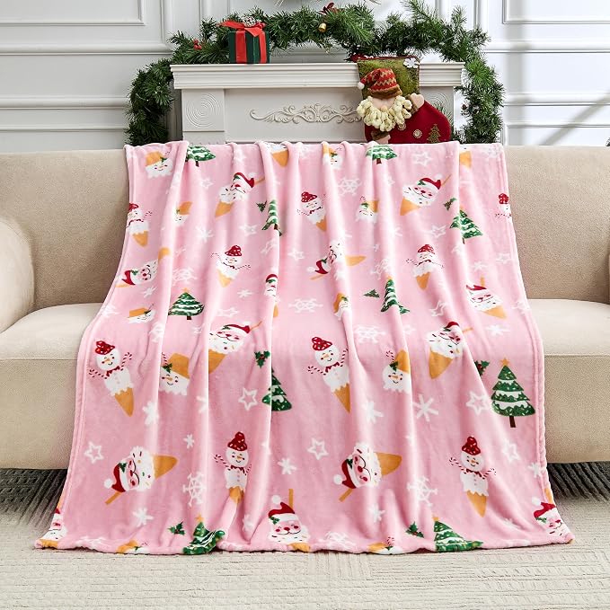 Edenleaf Christmas Blanket Soft Cozy Pink Throws with Snowman Snowflake Santa Claus and Xmas Trees Print, Fuzzy Warm Christmas Throw Blanket for Couch Bed Holiday Decorations Gifts 50"x60" (Pink)